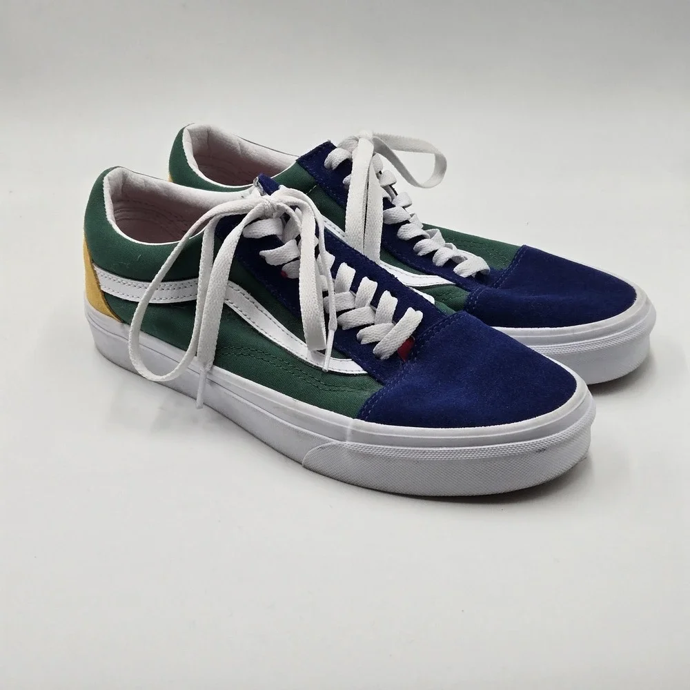 Vans Old Skool Shoes Mens Size 7.5 Green Navy Yellow Suede Canvas Skate Classic
